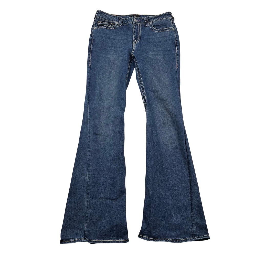 True Religion Jeans Womens 29 Joey Mid Rise Flare Big T Flap Pocket Y2K Retro